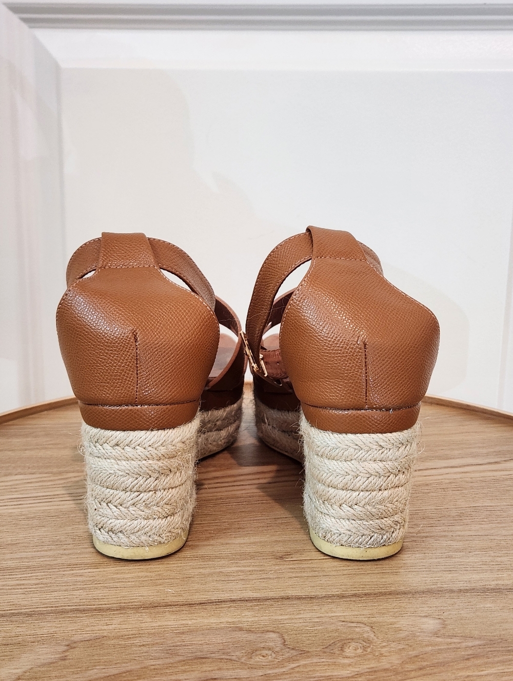 Hermes Elda Tan Leather Platform Espadrille Wedge Strap Heels Size 39 / 8-8.5 - Picture 3 of 11